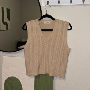 Cable-Knit V-Neck Sweater Vest in Beige